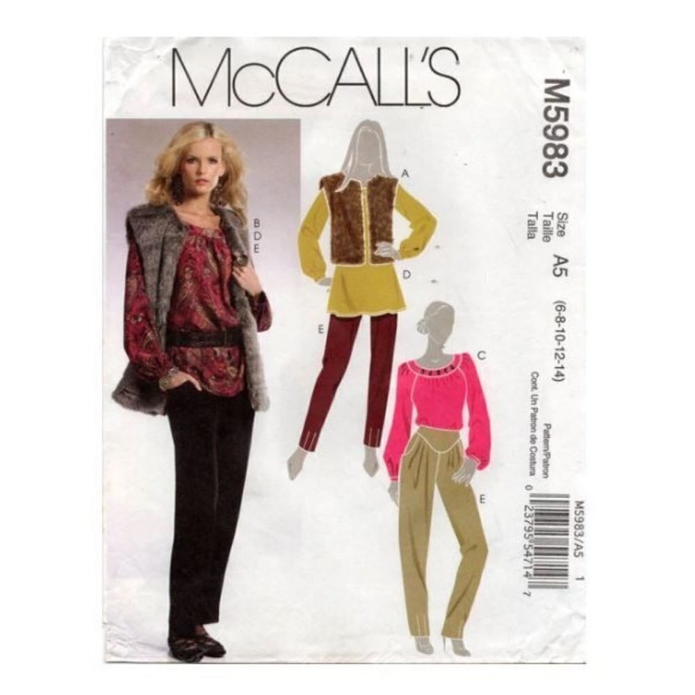 McCall's Sewing Pattern 5983 Fur Vest Top Tunic Pants Misses Size 6-14